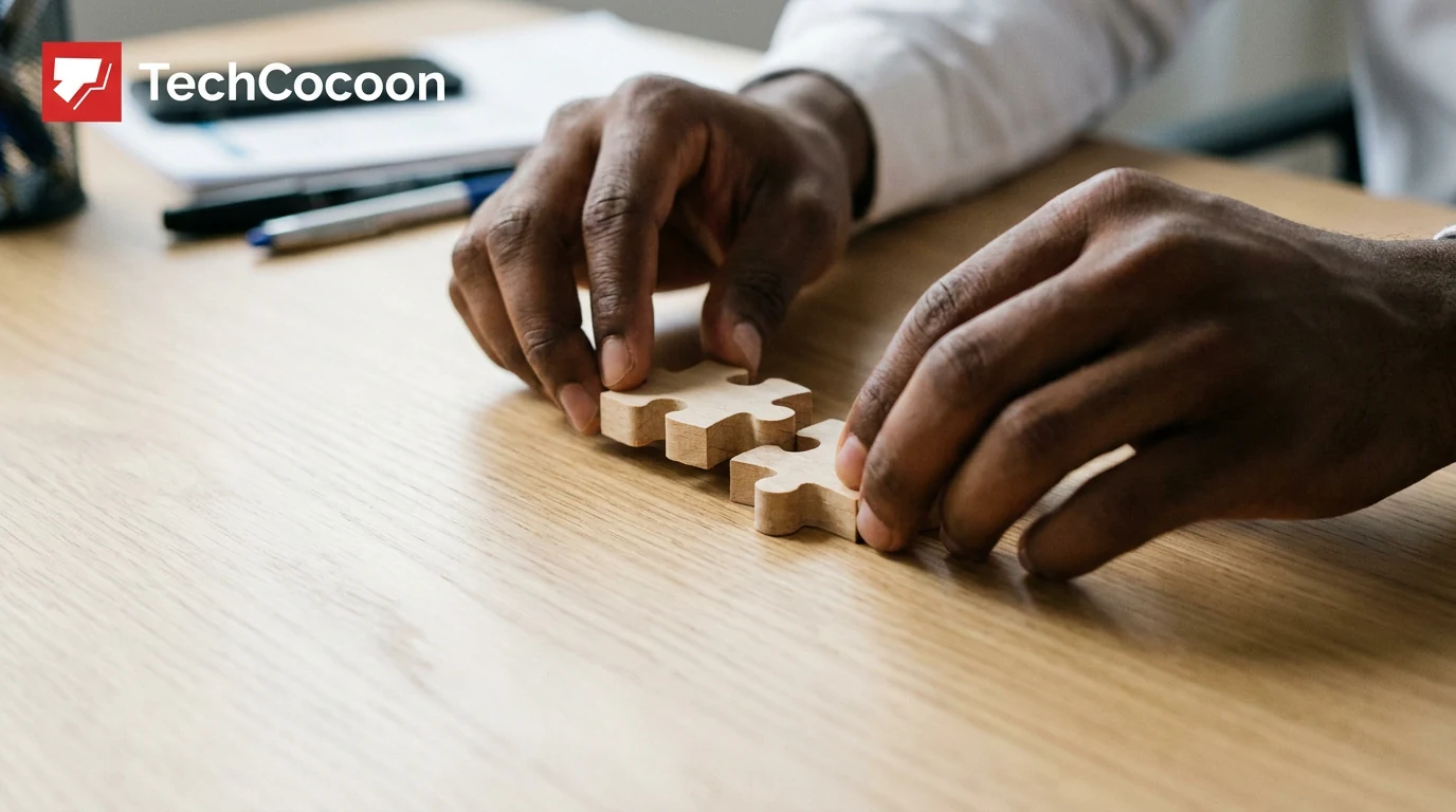 Two puzzle pieces being joined, symbolising a corporate merger