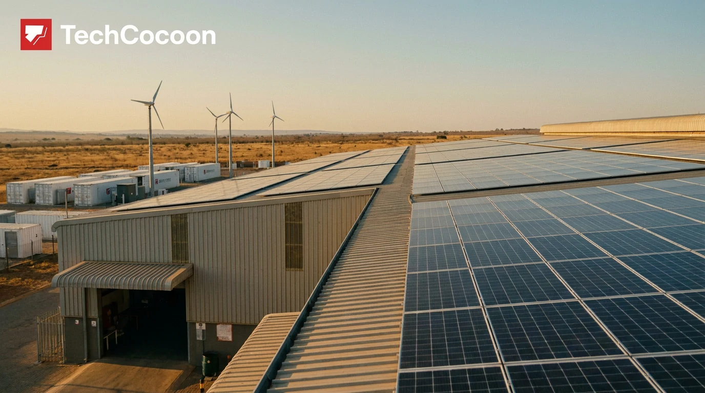 Solar panels on the roof of a factory in Africa with a clear sky